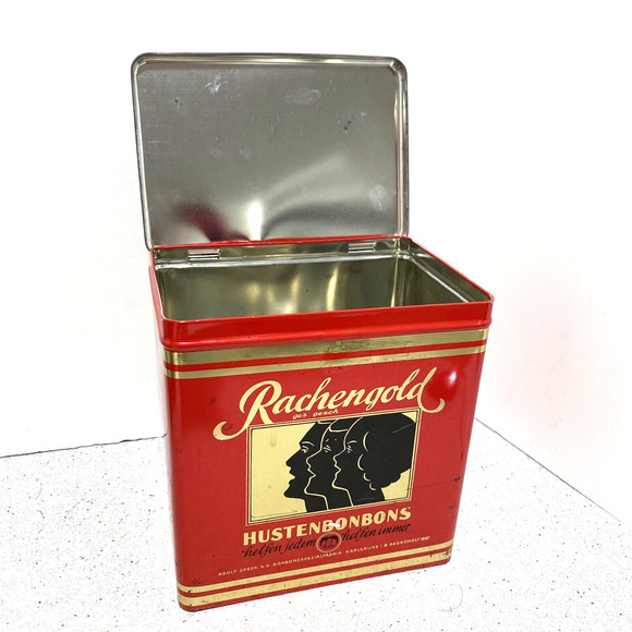 Vintage Rachengold Hustenbonbons tin red & gold hinged lid Aeska Bonbons kitchen - Picture 7 of 11